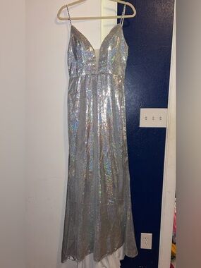 Silver Holographic Spaghetti Strap Formal Dress
